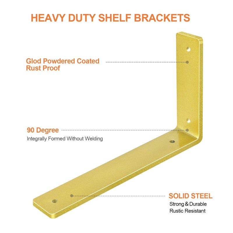 Aunulahca Gold Floating Shelf Bracket 10 Inch, 6 Pack Heavy Duty Shelf Brackets, Wall Shelf Bracket for DIY Decorative with Mounting Hardware - Image 4